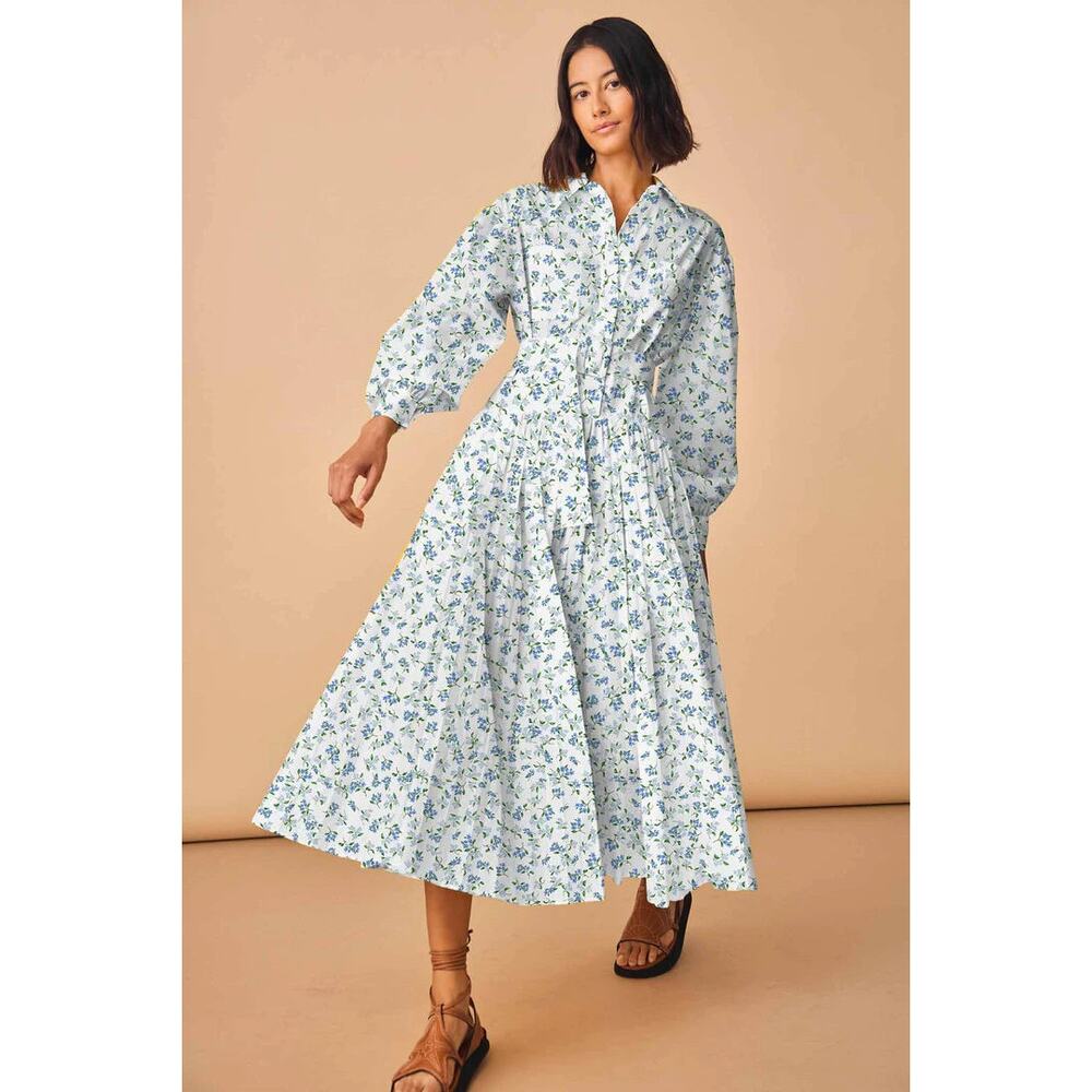 Hunter Bell Dewberry Floral Randolph Dress White Blue Belted Shirtdress size 10
